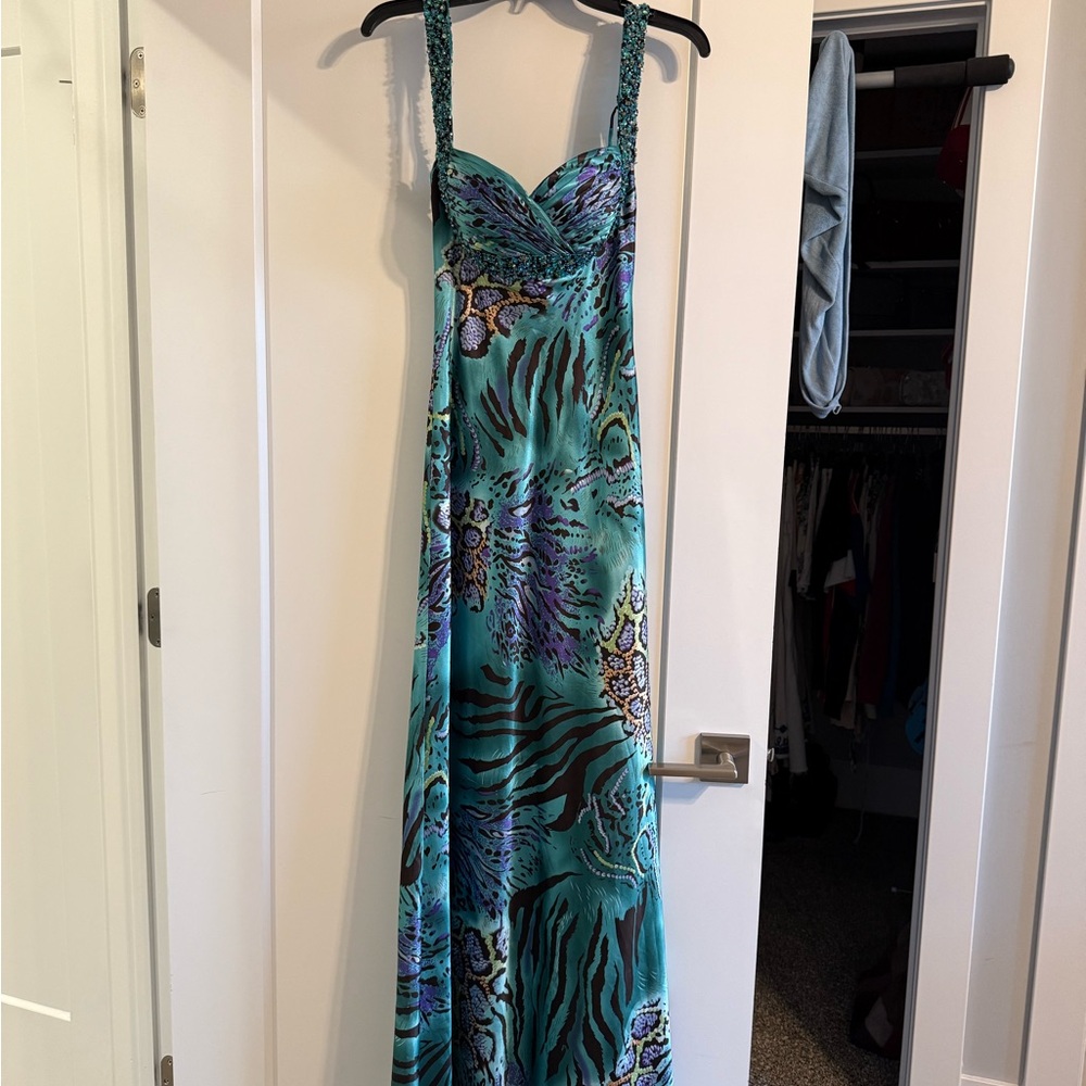 Vintage Faviana Couture Teal and Purple Animal Print Maxi Dress